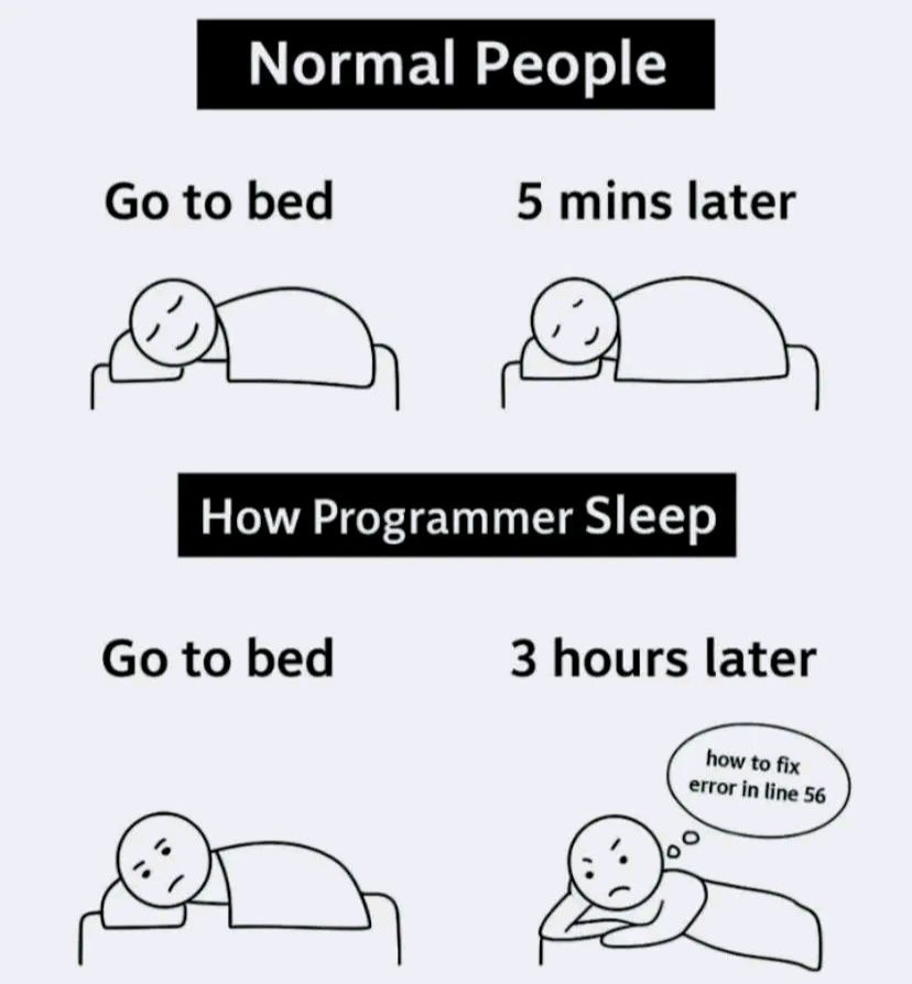 May be a graphic of text that says 'Normal People Go to to bed 5 mins later How Programmer Sleep Go to bed 3 hours later how to fix error in line 56'